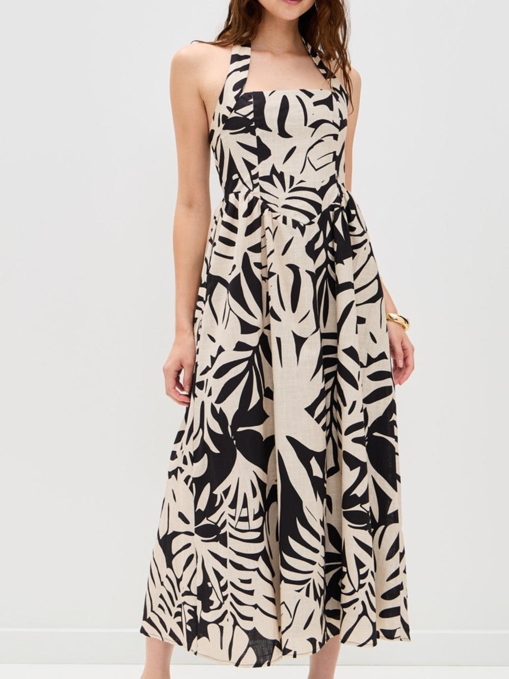 Halter Maxi Dress in Black and Cream Leaf Print